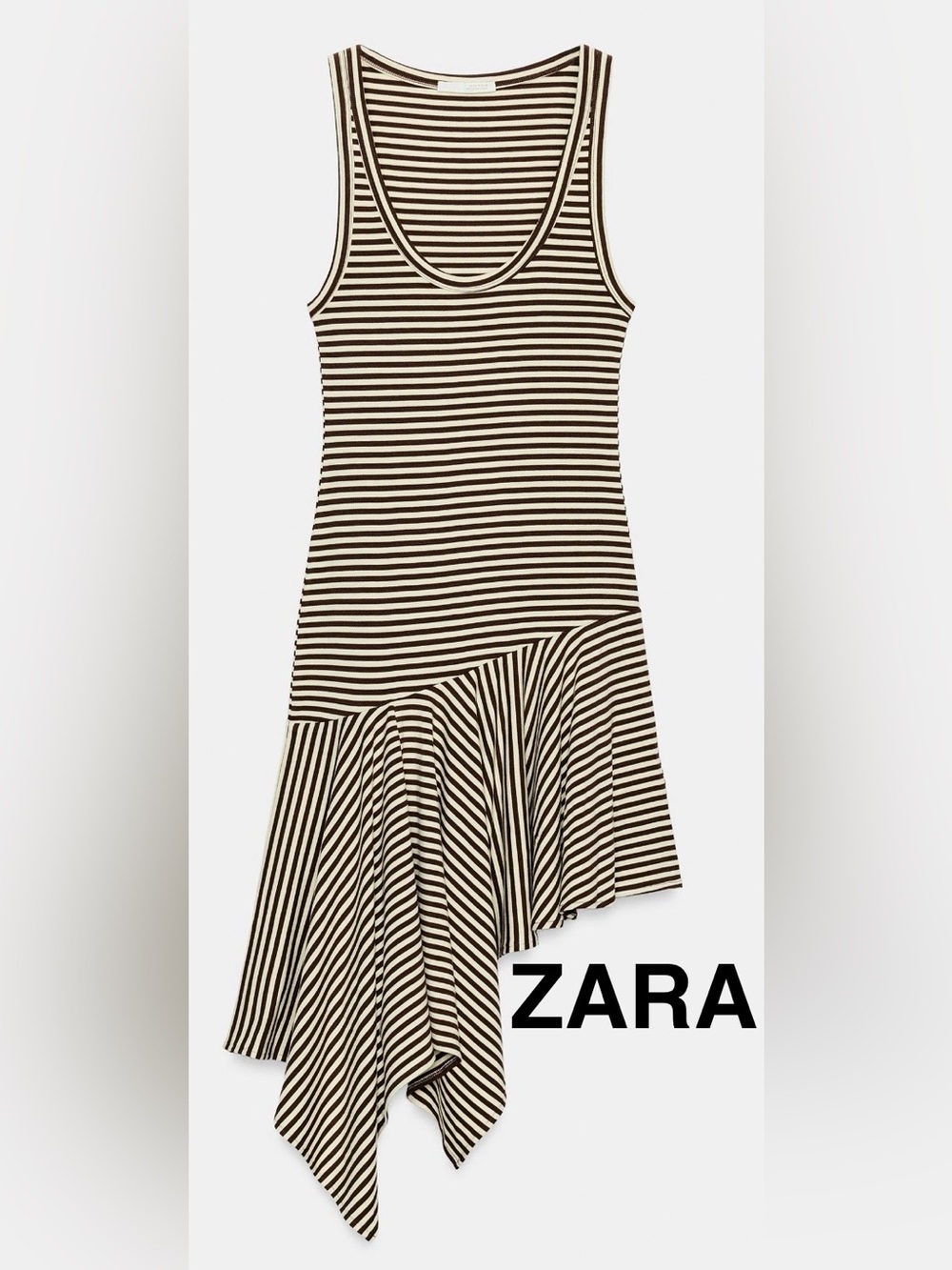 ZARA Brown and Cream Striped Sleeveless Asymmetric Dress - Size L - NEW